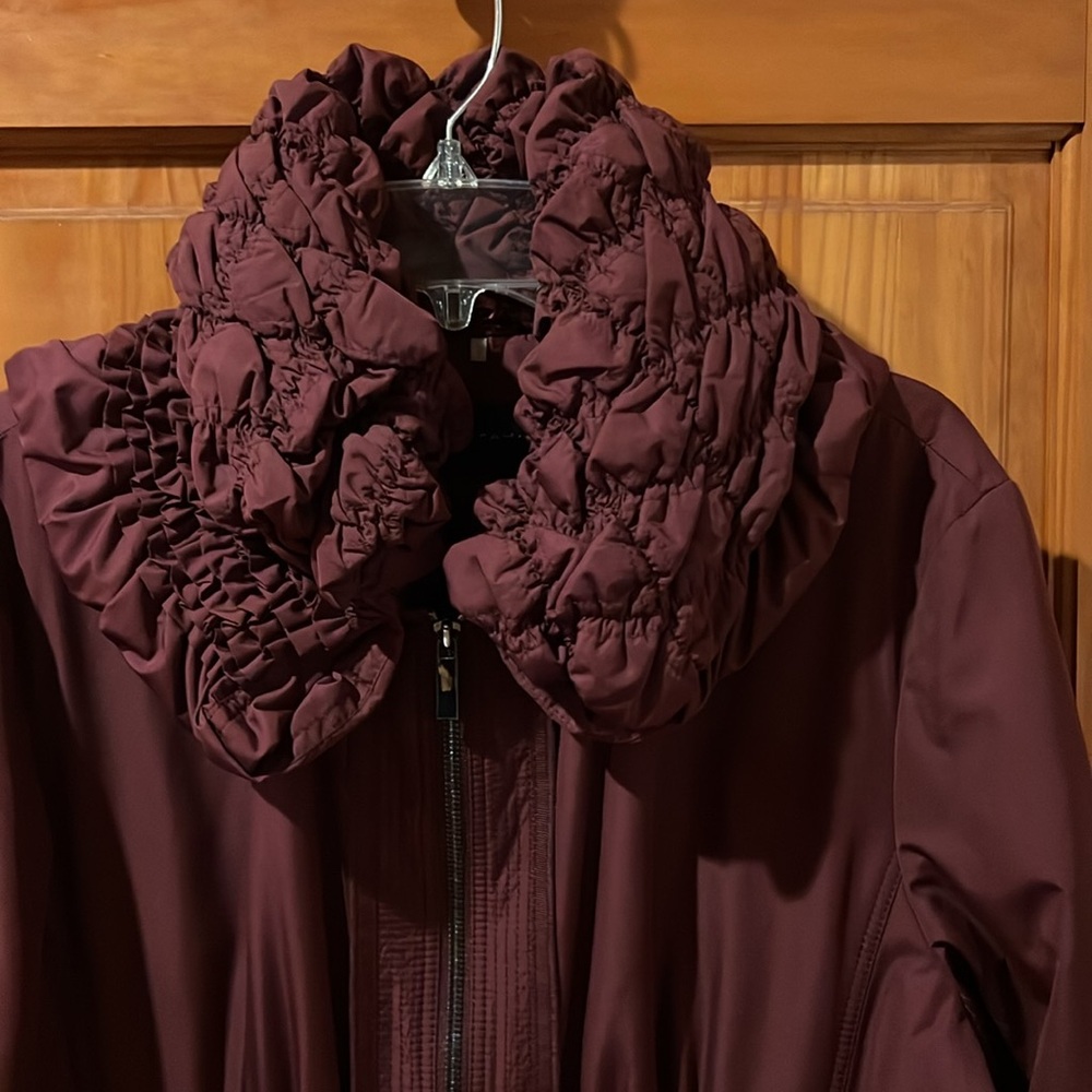 Gorgeous wind resistant coat with beautiful lines and details with a hidden hood